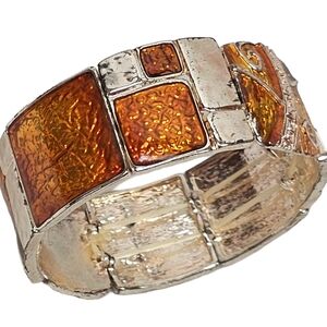 Vintage Style Chunky Amber Enamel Stretch Bracelet Silver Tone Boho Mosaic Panel